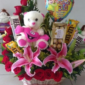 Canasta de rosas y peluche con chocolates