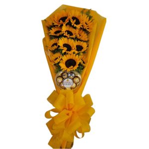 Bouquet en escalera de 12 girasoles con chocolates, entrega rápida en Cali