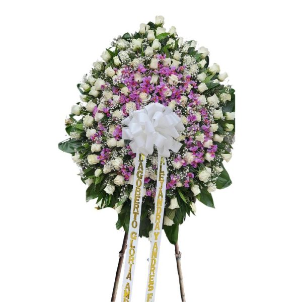 Corona fúnebre con rosas blancas, orquídeas hawaianas y follaje perla, entrega rápida en Cali