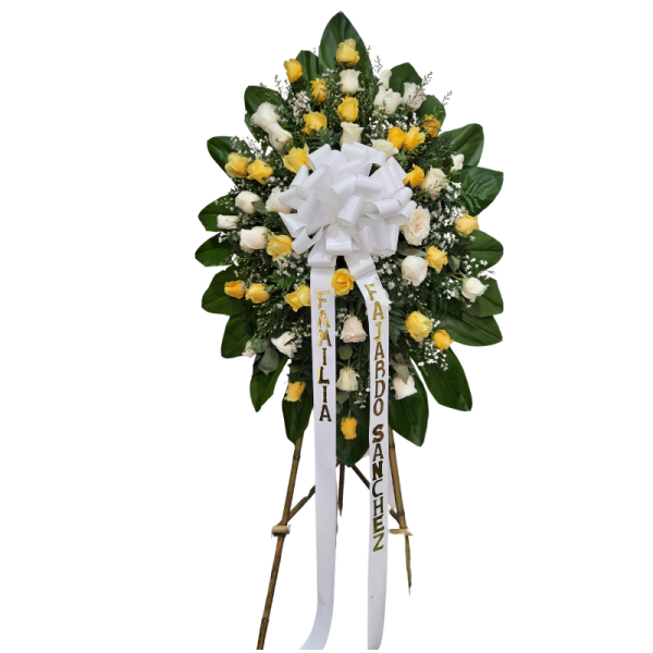 Corona fúnebre con rosas amarillas y blancas, entrega rápida en Cali