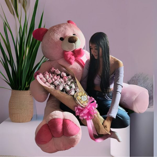 Bouquet de 50 rosas con oso de peluche gigante