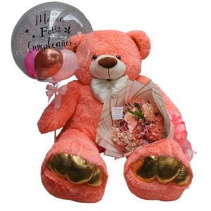 Buchón de 12 hortensias rosadas, astromelias, peluche gigante y globo burbuja personalizado