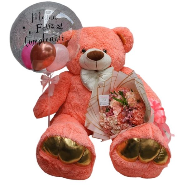 Buchón de 12 hortensias rosadas, astromelias, peluche gigante y globo burbuja personalizado