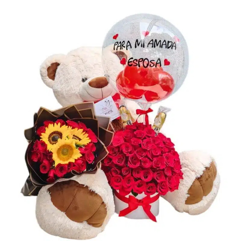 Combo Peluche de 60 cm con Buchón de Rosas y Girasoles, Arreglo Cilindro  Redondo con Globo Personalizado y chocolates ferrero