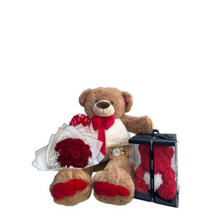 Oso de peluche de 1 metro con oso en fomi, buchón de rosas y chocolates Ferrero.