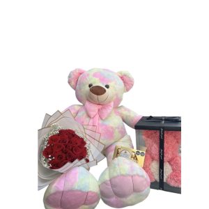 Oso de peluche de 1 metro con osito fomi, buchón de rosas y chocolates Ferrero.