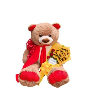 Oso de peluche de 1 metro con bouquet en escalera de girasoles y chocolates Ferrero.
