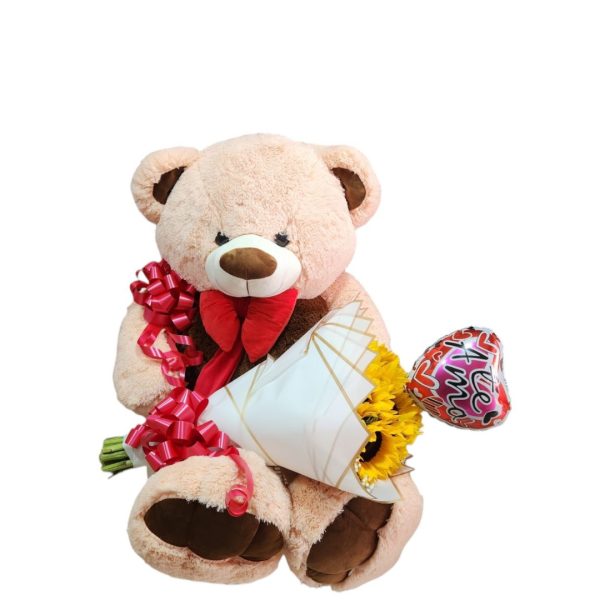 Oso de peluche de 1 metro con bouquet de girasoles y globo metalizado.