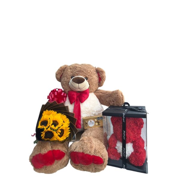 Oso de peluche de 1 metro con oso en fomi, buchón de girasoles y chocolates Ferrero.