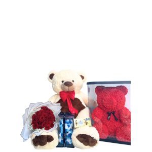 Oso de peluche gigante con buchón de rosas, oso de fomi y chocolates Ferrero.