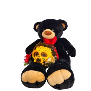 Oso de peluche negro con bouquet de girasoles y chocolates Ferrero Rocher.