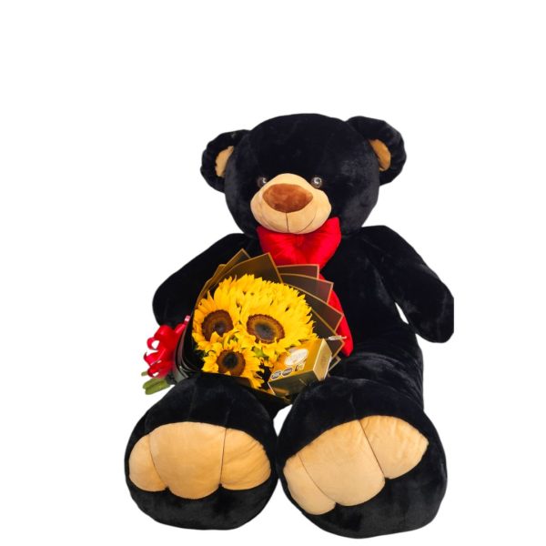 Oso de peluche negro con bouquet de girasoles y chocolates Ferrero Rocher.