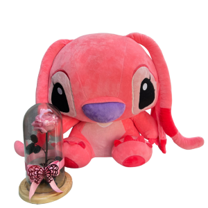 Peluche de Stitch Rosado con rosa eterna en cúpula de cristal, un regalo tierno y especial.