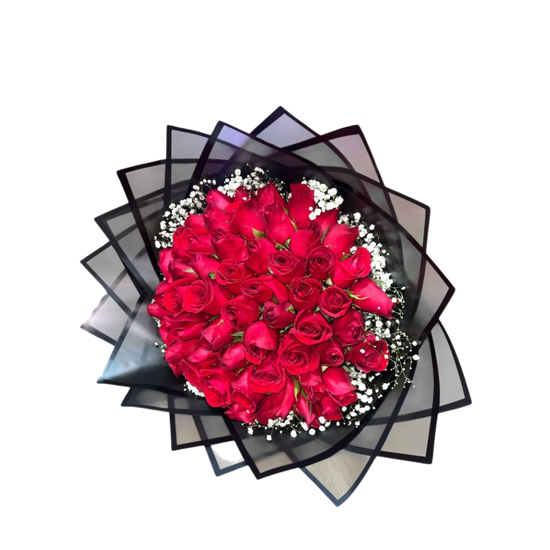 Buchón de 100 rosas rojas con follaje perla