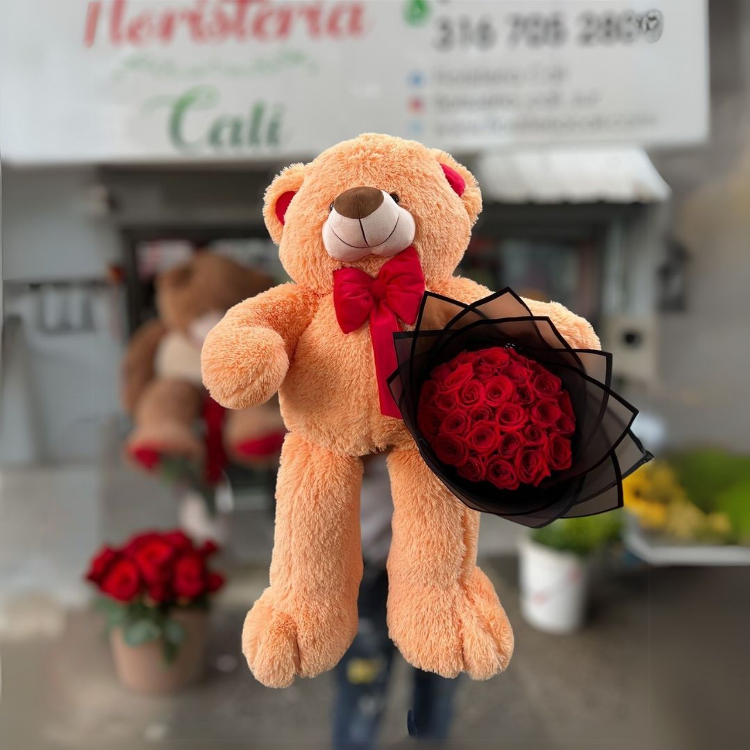 Buchón con 36 rosas y peluche de 60 cm