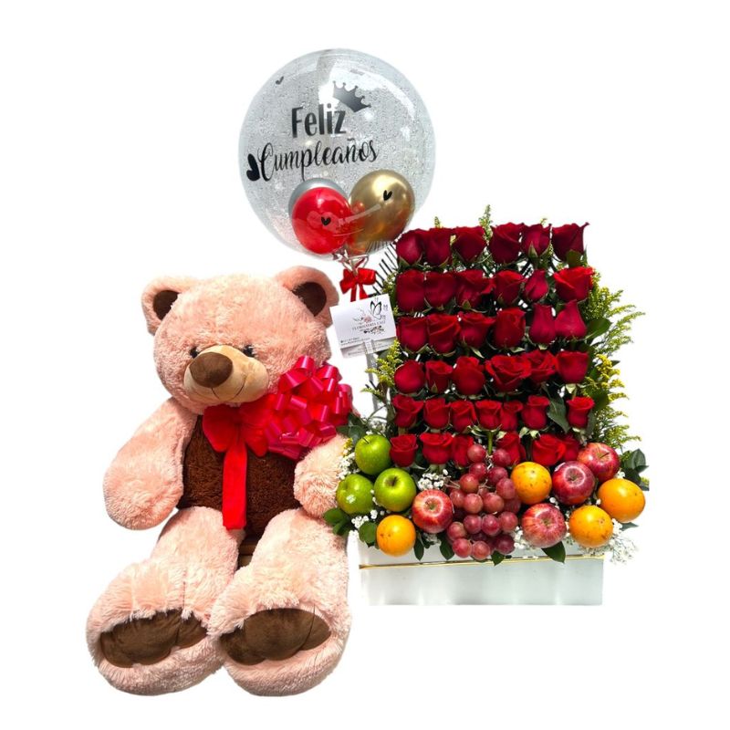Escalera de Rosas & Frutas – Arreglo con Peluche y Globo Personalizado