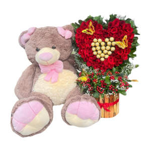 Arreglo de rosas en forma de corazón con peluche de 100 cm