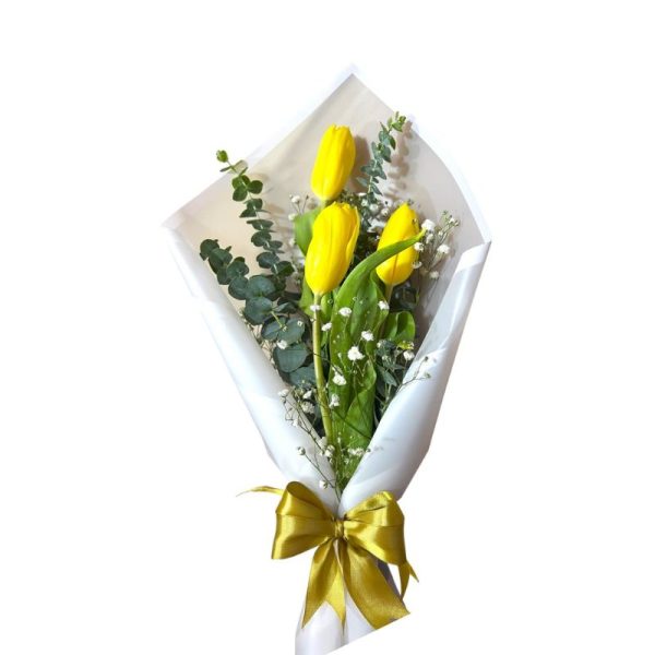 Bouquet de 3 tulipanes amarillos con eucalipto