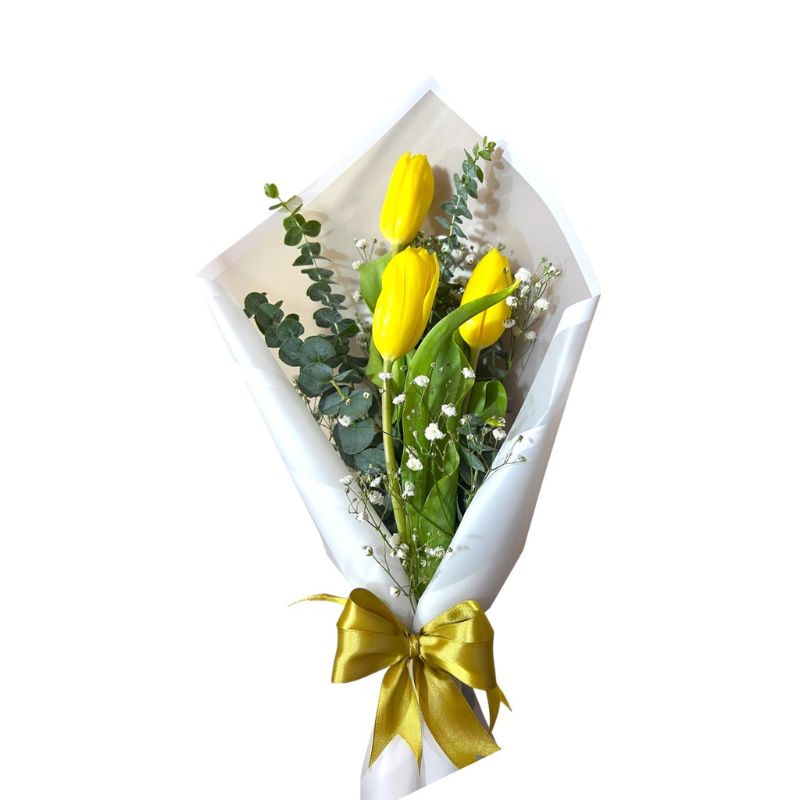 Bouquet de 3 tulipanes amarillos con eucalipto
