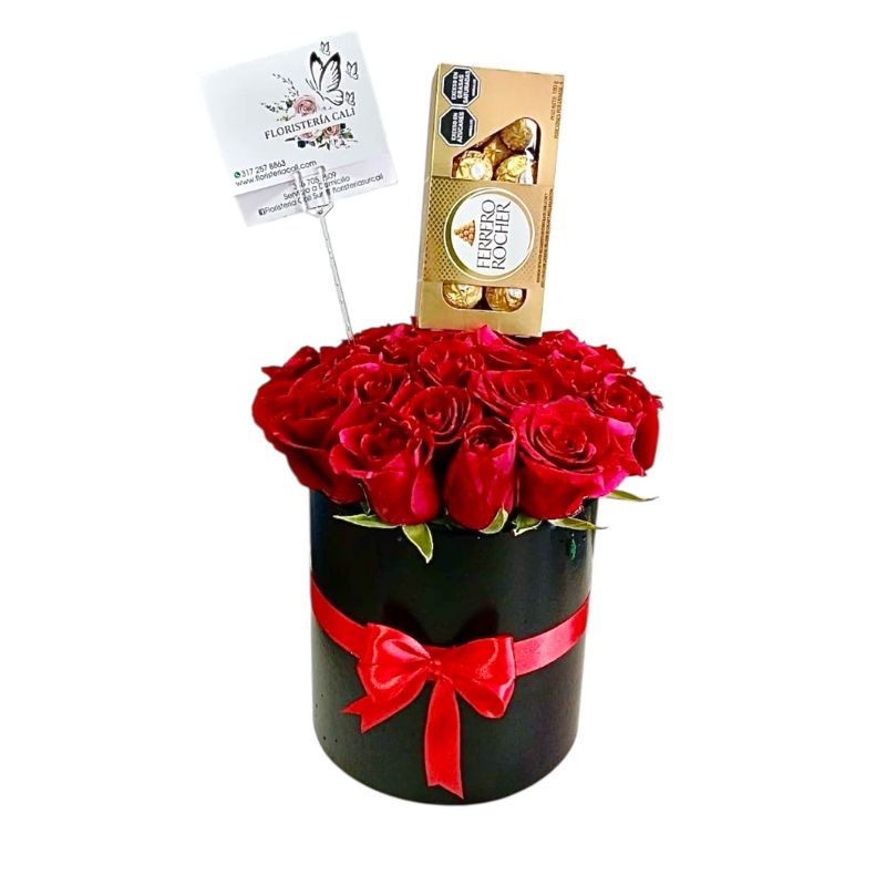 Arreglo en cilindro con 24 rosas y chocolates Ferrero