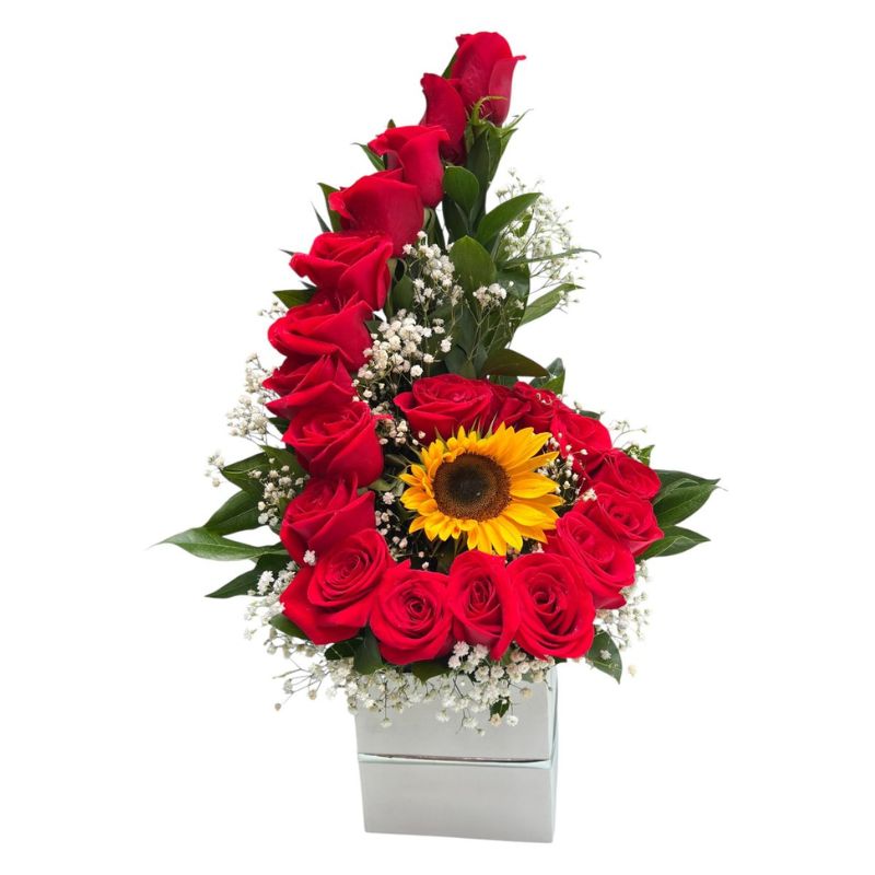 Pasión y Luz – 20 Rosas y Girasol en Cubo