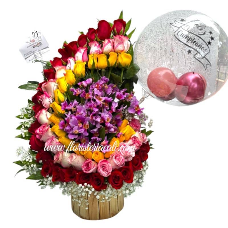 Bailarina de 68 Rosas Surtidas y Rosadas con Orquídea Hawaiana y Globo Burbuja Personalizado
