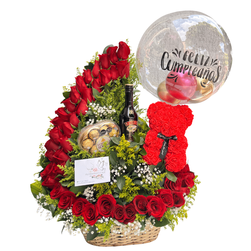 Canasta bailarina con 40 rosas, chocolates Ferrero, Baileys, osito y globo personalizado.