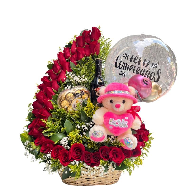 Canasta bailarina con 40 rosas, chocolates Ferrero, Baileys, peluche y globo personalizado.