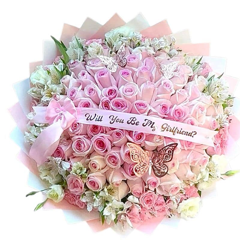 Buchón de 100 Rosas Rosadas con Astromelias y Cinta Personalizada