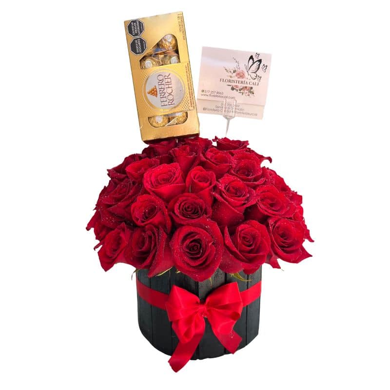 Cilindro de 50 Rosas Rojas con Caja de Chocolates Ferrero
