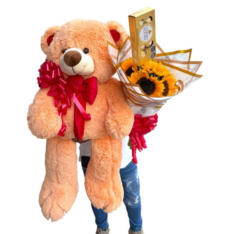 Oso de Peluche 60 cm con Buchón de 8 Girasoles y Chocolates Ferrero