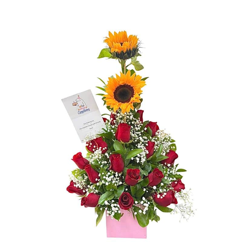 Arreglo de Girasoles, Rosas y Follaje con Perla Decorativa