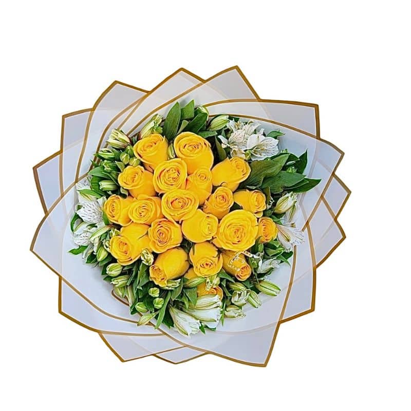 Buchón de 20 Rosas Amarillas con Astromelias