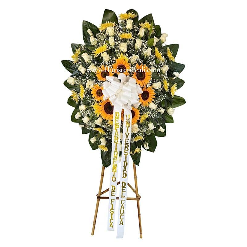 Corona Fúnebre con Rosas Blancas, Crisantemos y Girasoles con Moño y Cinta