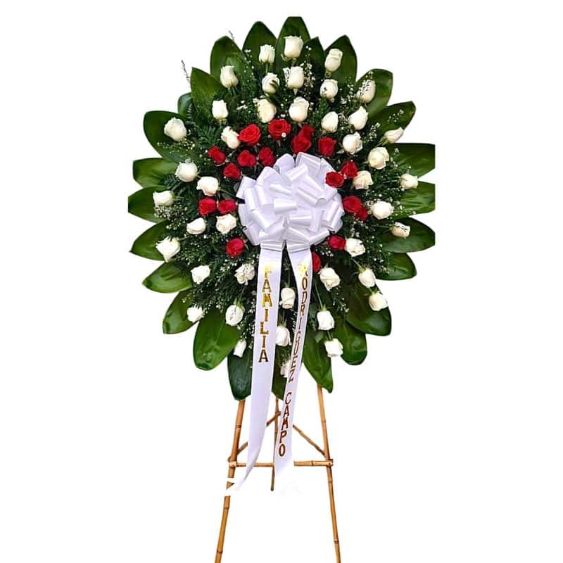 Corona Fúnebre con Rosas Blancas y Rojas con Moño y Cinta
