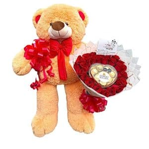Oso de peluche con buchón de 24 rosas y chocolates Ferrero