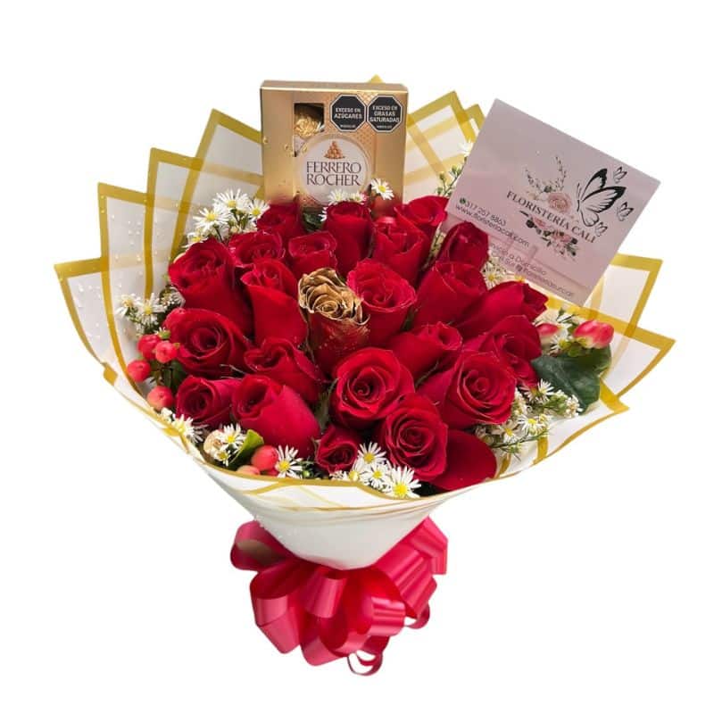 Buchón de 24 Rosas Rojas y 1 Rosa Dorada con Chocolates Ferrero