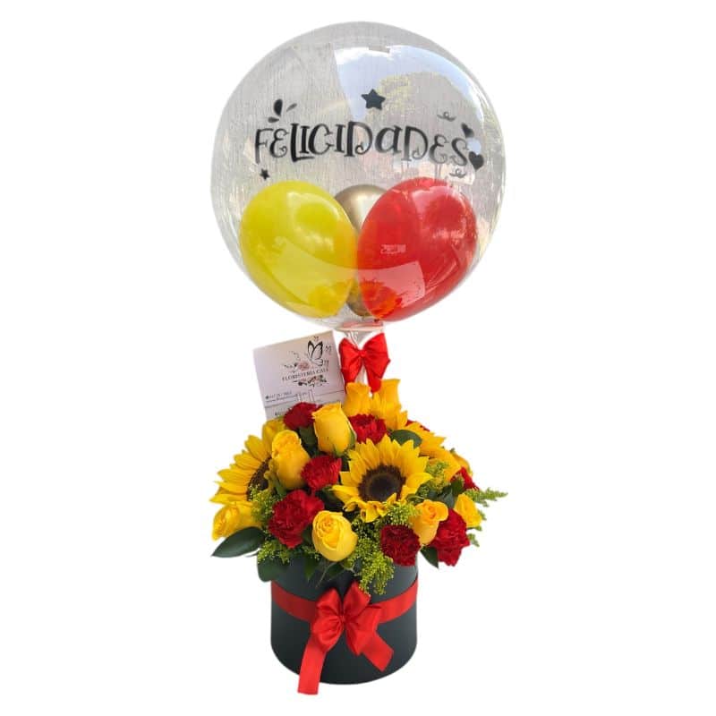 Cilindro redondo con rosas amarillas, girasoles, claveles rojos y globo burbuja personalizado