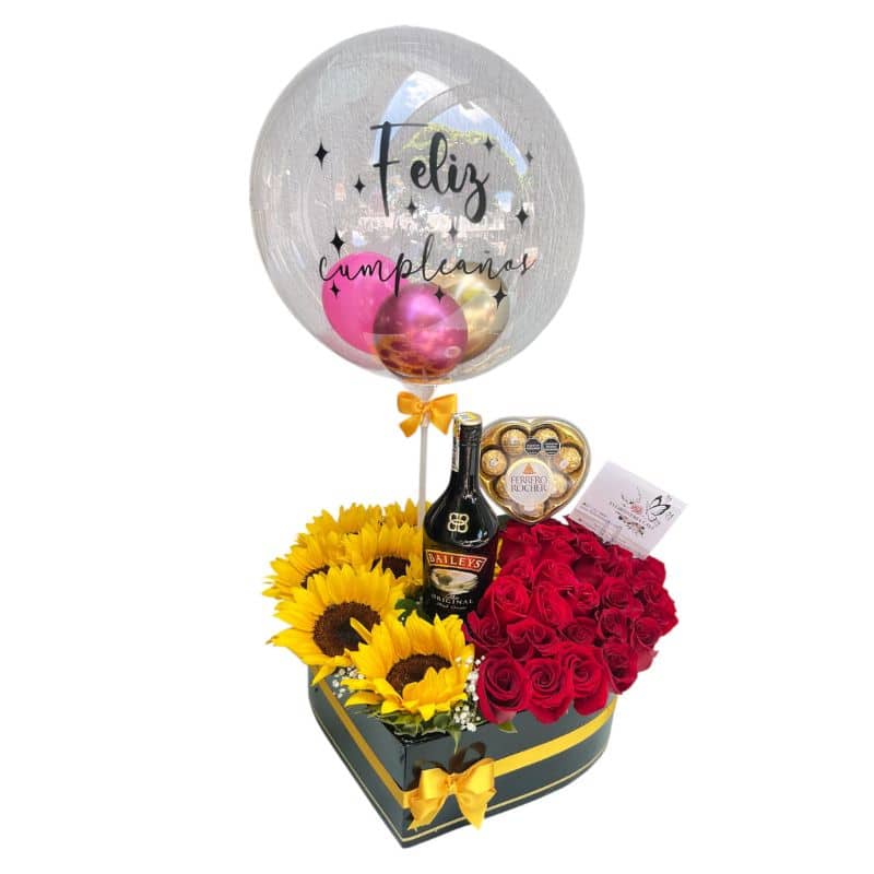 Corazón con rosas y girasoles, Baileys, chocolates Ferrero y globo burbuja